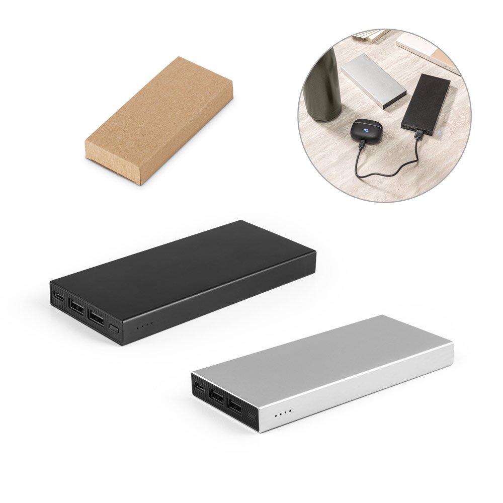 Bateria portátil em alumínio 100% reciclado (10'000 mAh) SP-97165-127 na cor Cromado satinado