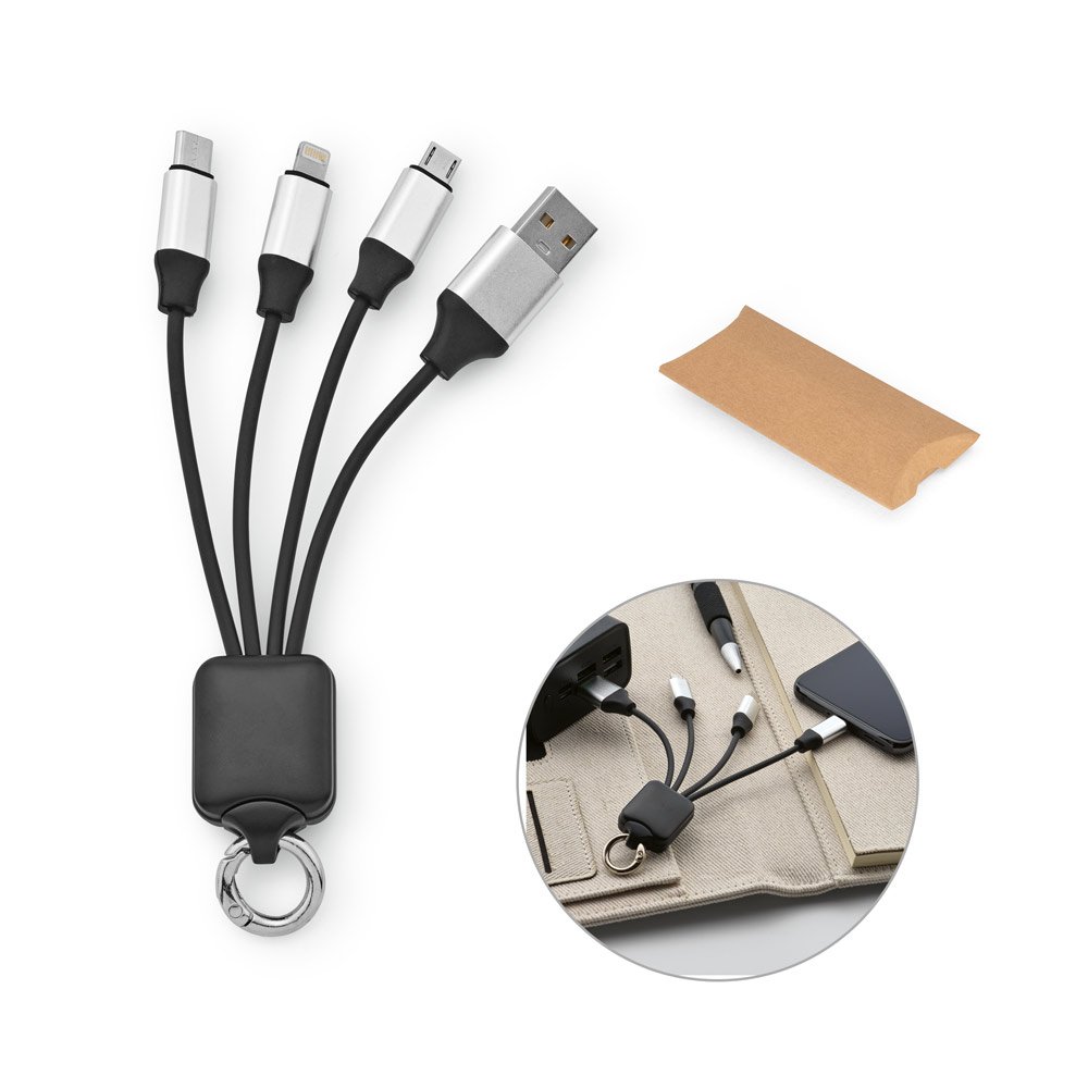 Cabo USB de carregamento rápido 3 em 1 com corpo em PET 100% reciclado SP-97173-103 na cor Preto