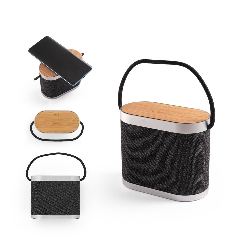 Caixa de som de 5W com carregador por indução super-rápido e autonomia de 2h (1'200 mAh), em bambu e PET 100% reciclado SP-97183-133 na cor Cinza escuro