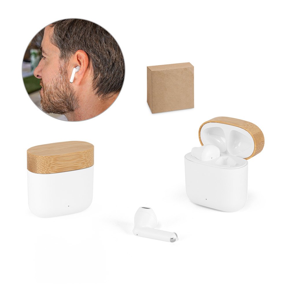 Fones de ouvido wireless com autonomia de 5h (300 mAh), em ABS 100% reciclado e bambu SP-97193-106 na cor Branco