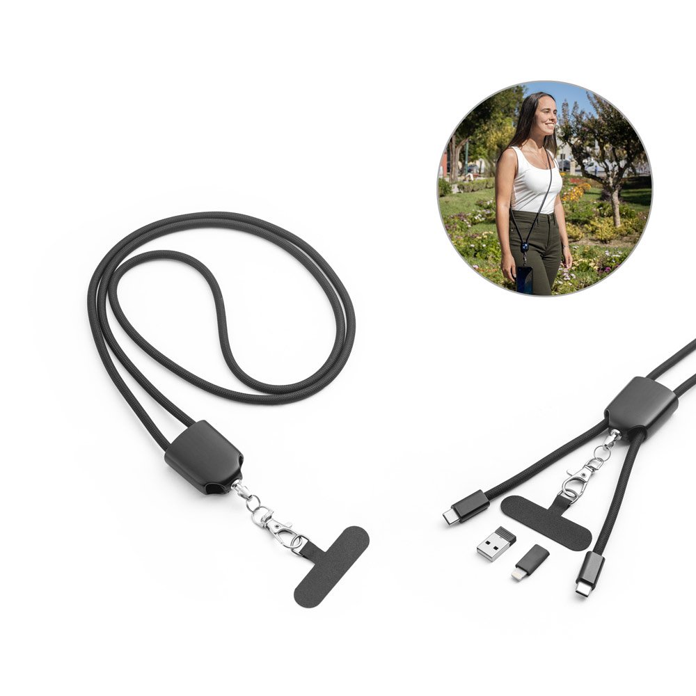 Cordão lanyard com suporte para celular incluso, cabo USB-C e diversos adaptadores em ABS reciclado e TPE reciclado SP-97194-103 na cor Preto