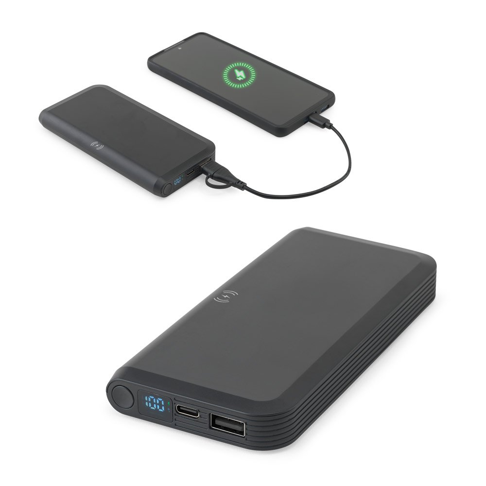 Bateria portátil com carregador por indução super-rápido (10'000 mAh), em ABS 100% reciclado SP-97214-103 na cor Preto