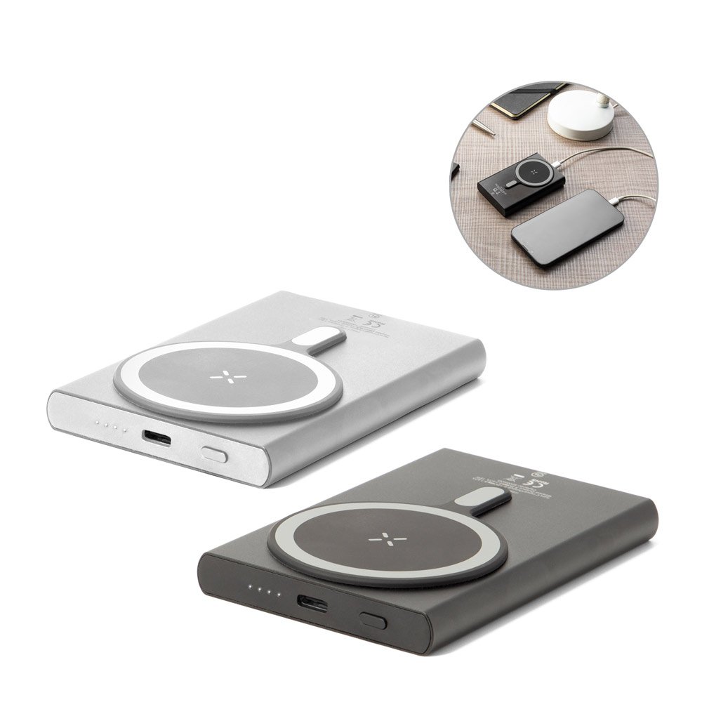 Bateria portátil magnética com carregamento super-rápido em alumínio reciclado e ABS reciclado (5'000 mAh) SP-97215-127 na cor Cromado satinado