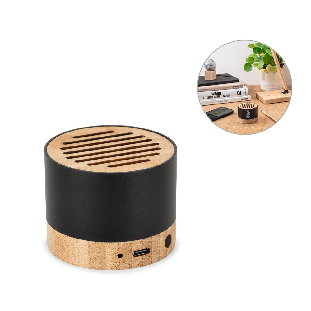 Caixa de som portátil em alumínio 100% reciclado e bambu, com 3h de autonomia SP-97217-103 na cor Preto