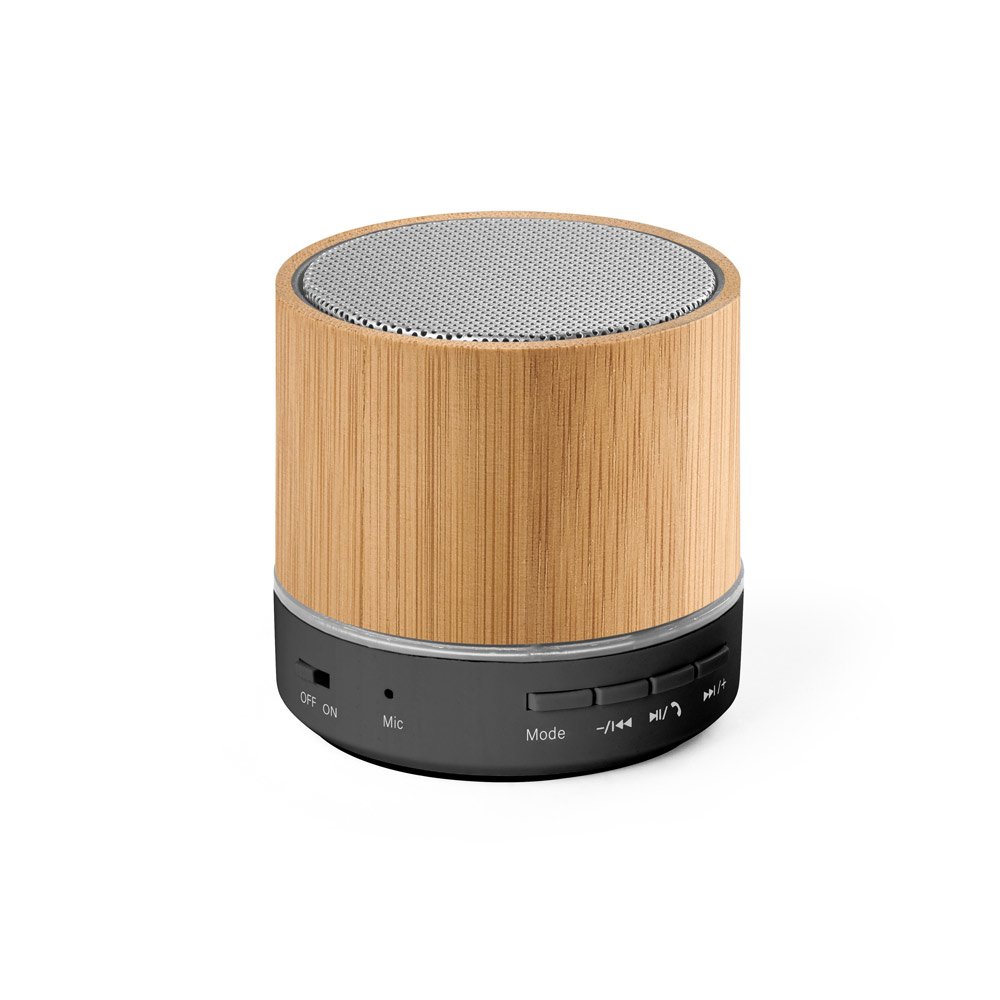 Caixa de som portátil com microfone e autonomia de 4h30 (400 mAH), em bambu e ABS 100% reciclado SP-97441-160 na cor Natural