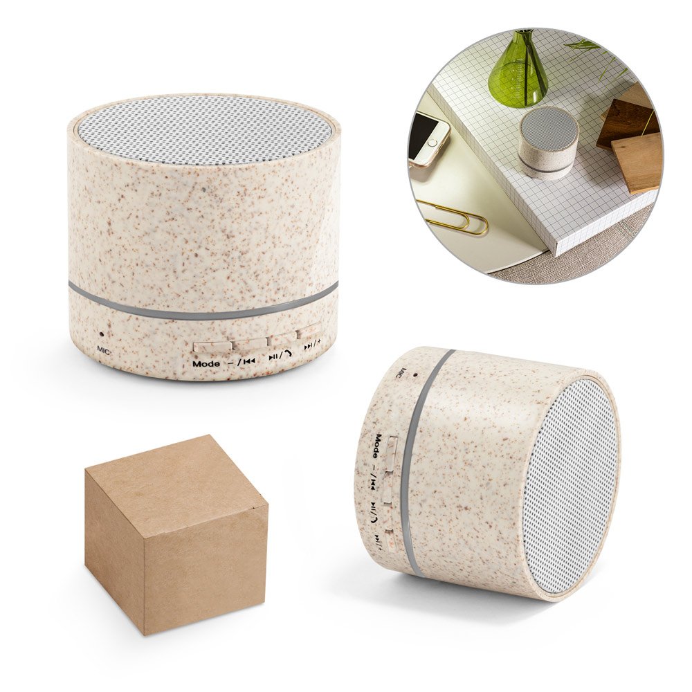 Caixa de som portátil com microfone e autonomia de 4h30 (400 mAh), em fibra de palha de trigo e ABS 100% reciclado SP-97930-160 na cor Natural