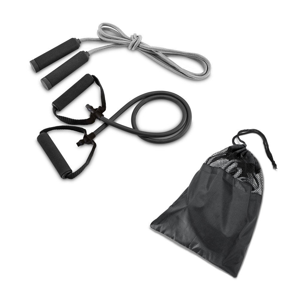 Conjunto fitness composto por elástico e corda de pular SP-98086-103 na cor Preto