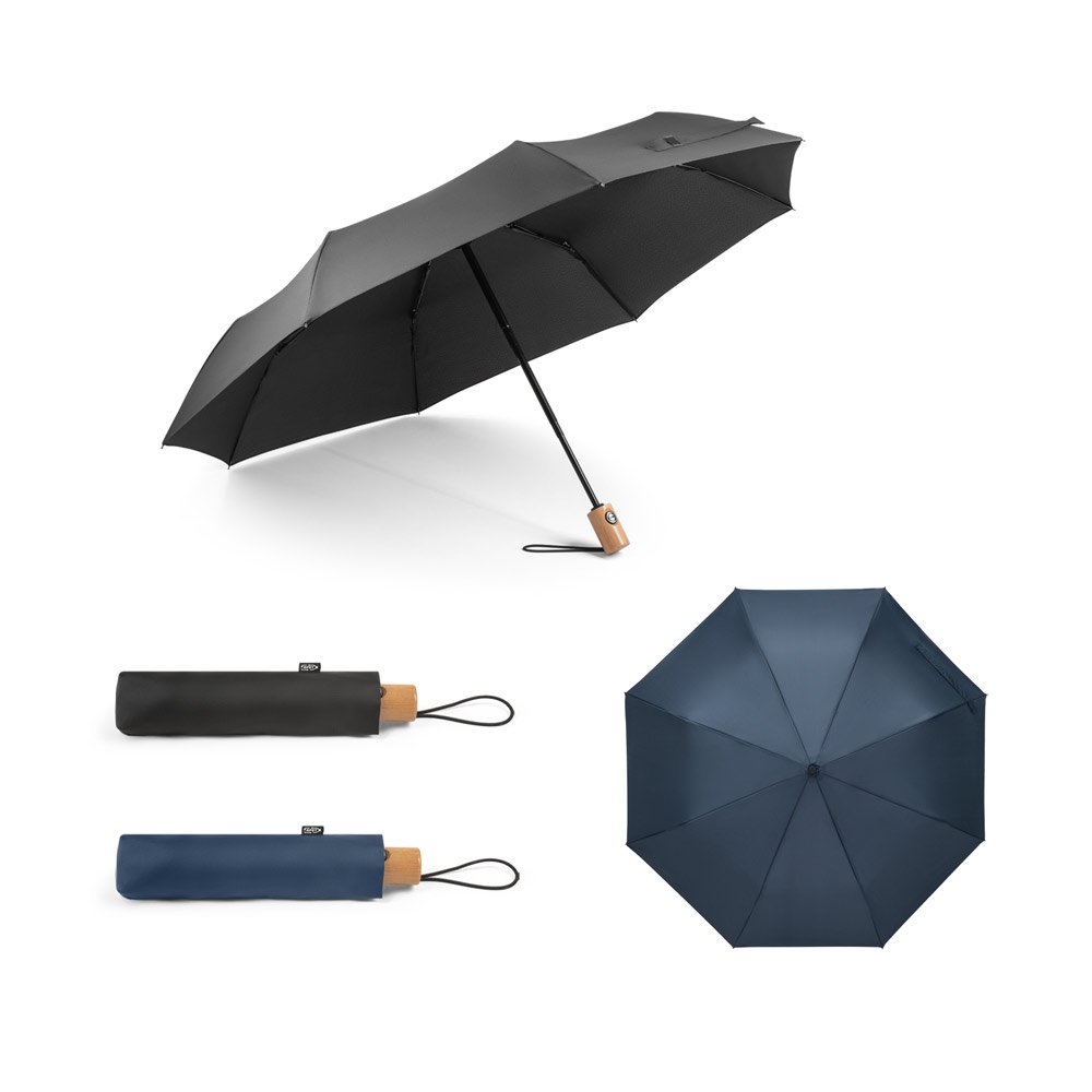 Guarda-chuva, dobrável, em poliéster 100% reciclado pongee 190T com abertura e fecho automático SP-99040-103 na cor Preto