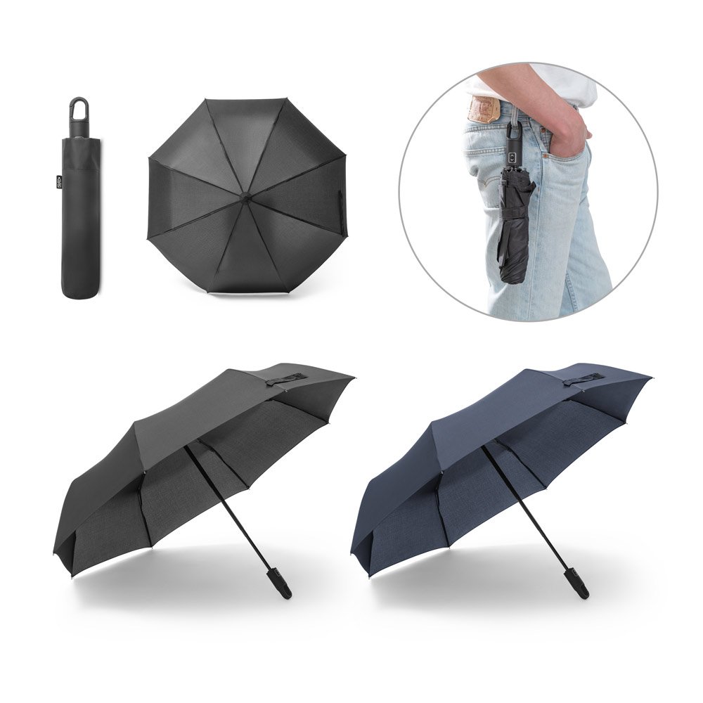 Guarda-chuva, dobrável, em poliéster 100% reciclado pongee 190T com abertura e fecho automático SP-99095-103 na cor Preto